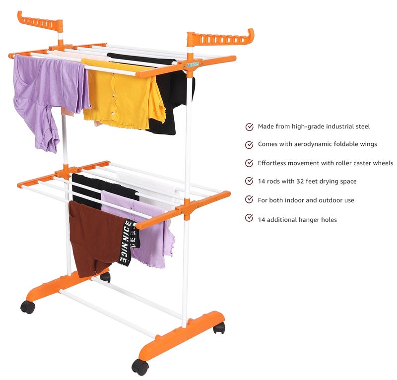 FLIPZON Premium Clothes Stand for Drying with Wheels | Portable | 2 Layer Rack for Balcony | Foldable Wings | 14 Hanger Rods | Alloy Steel & Plastic (White & Orange) - Image 4
