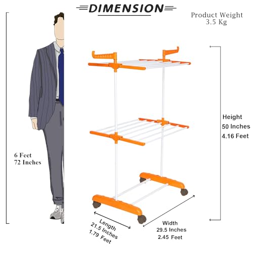 FLIPZON Premium Clothes Stand for Drying with Wheels | Portable | 2 Layer Rack for Balcony | Foldable Wings | 14 Hanger Rods | Alloy Steel & Plastic (White & Orange) - Image 2