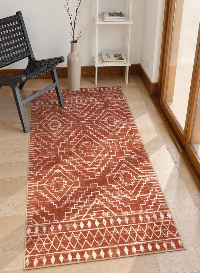 Wonnitar Moroccan Washable Area Rug, 3x5 Non-Slip Rugs for Living Room, Geometric Tribal Kitchen Entry Throw Mat, Soft Low Pile Non-Shedding Carpet for Bedroom Apartment Dorm (Brown,3'x5') - Image 1