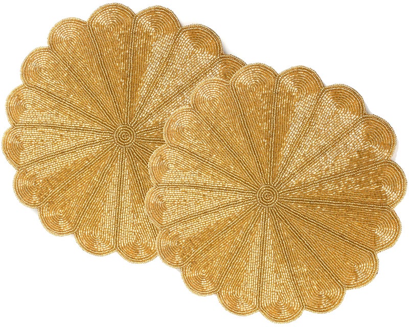 Handmade Beaded Charger Placemats Set of 2  Glass Beads  Polyester Mat Harvest Autumn Fall Holiday Christmas Xmas Dining Celebration Festive Party Table Dcor Gold  CLEENTABLE