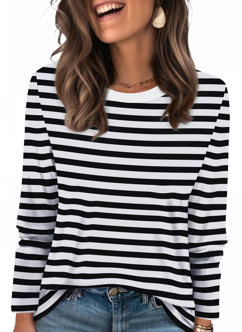 WIHOLL Womens Long Sleeve Tops Womens Shirts Tunics Black and White Striped Shirt Women Crewneck Tops for Women Fall Clothes S - Image 1
