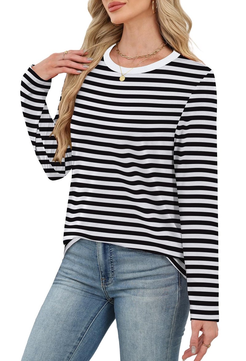 WIHOLL Womens Long Sleeve Tops Womens Shirts Tunics Black and White Striped Shirt Women Crewneck Tops for Women Fall Clothes S - Image 4