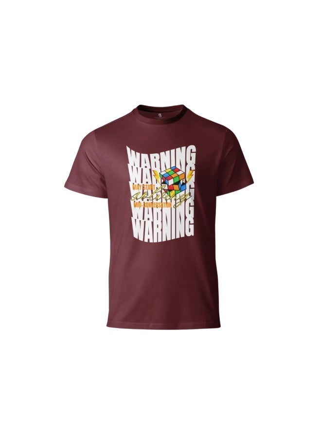 Cubuzzle Warning Graphic Printed Cotton T-Shirt Casual Sportswear Maroon M - Image 1
