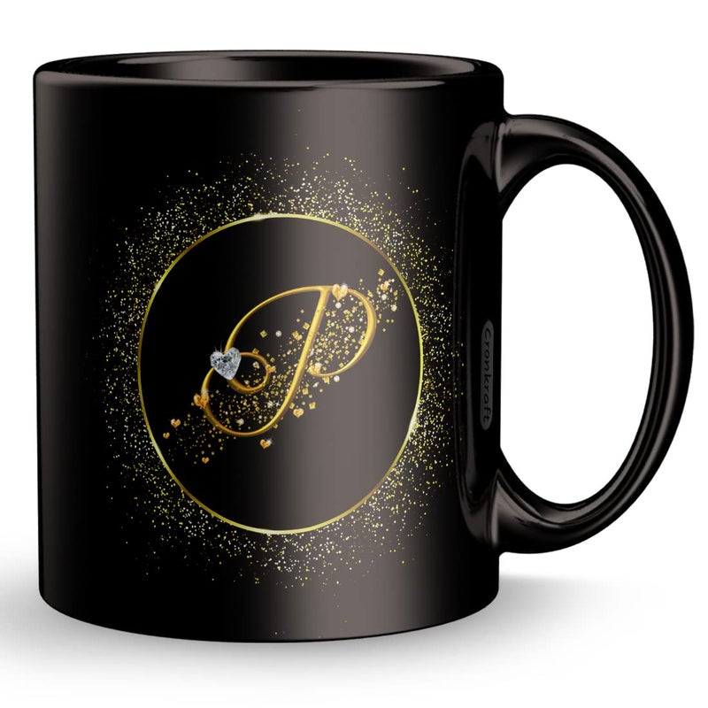 Cronkraft Ceramic Golden Frame With P Alphabet Letter Printed Mug KeychainGift For LoveBirthdayWife Husband Girlfriend BoyfriendKidsBrotherSister On Birthday P Alphabet 300 Ml - Image 5