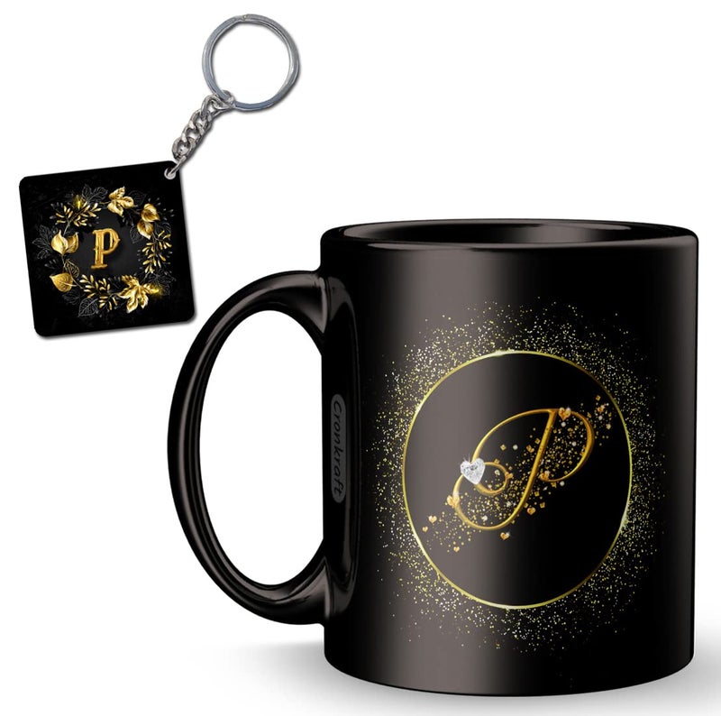 Cronkraft Ceramic Golden Frame With P Alphabet Letter Printed Mug KeychainGift For LoveBirthdayWife Husband Girlfriend BoyfriendKidsBrotherSister On Birthday P Alphabet 300 Ml - Image 1