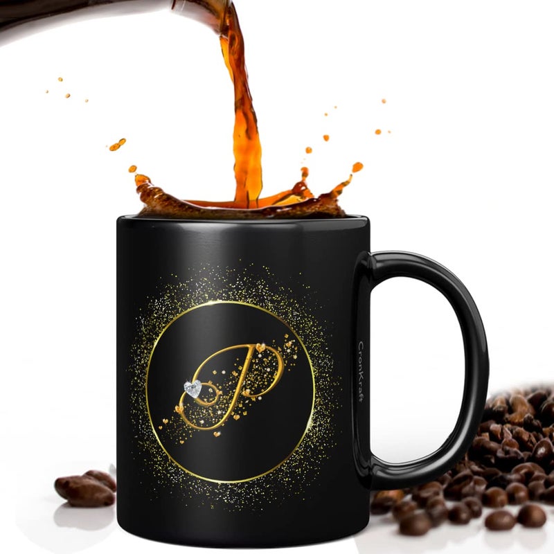 Cronkraft Ceramic Golden Frame With P Alphabet Letter Printed Mug KeychainGift For LoveBirthdayWife Husband Girlfriend BoyfriendKidsBrotherSister On Birthday P Alphabet 300 Ml - Image 2