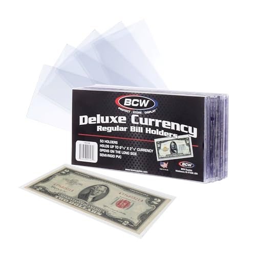 BCW Deluxe Currency Holder Regular Bill Dollar SemiRigid Holder Holds up to 638 x 278 Pack of 50 Currency and Coin Collecting Supplies - Image 1