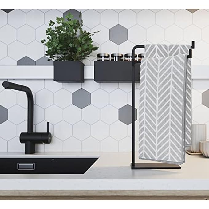 حامل مناشف اليد لطاولة الحمام 17 حامل سطح العمل الأسود يتسع لمنشفتين حامل مناشف قائم على أطراف الأصابع للحمام - Image 3