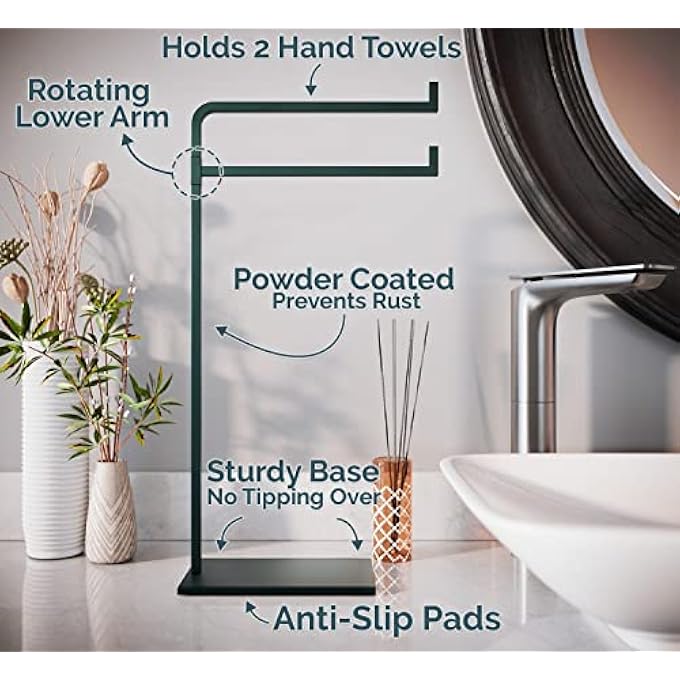 حامل مناشف اليد لطاولة الحمام 17 حامل سطح العمل الأسود يتسع لمنشفتين حامل مناشف قائم على أطراف الأصابع للحمام - Image 2