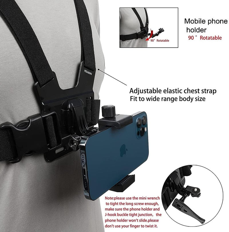 CERLINK Adjustable Chest Strap Mount with Mobile Holder Clip & Screw Compatible with All Smart Phones Body Belt Harness for Gopro Hero, SJCAM, Yi & Other Action Cameras - Black - Image 5
