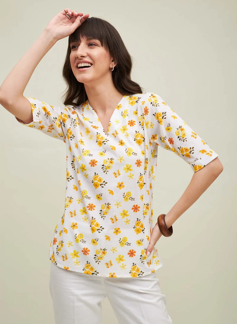 Salt Attire Women's Floral Print Linen V-Neck Top, Pleated Front with Elbow-Length Sleeves, Breezy and Versatile for Office, Lunch Dates, or Casual Outings
