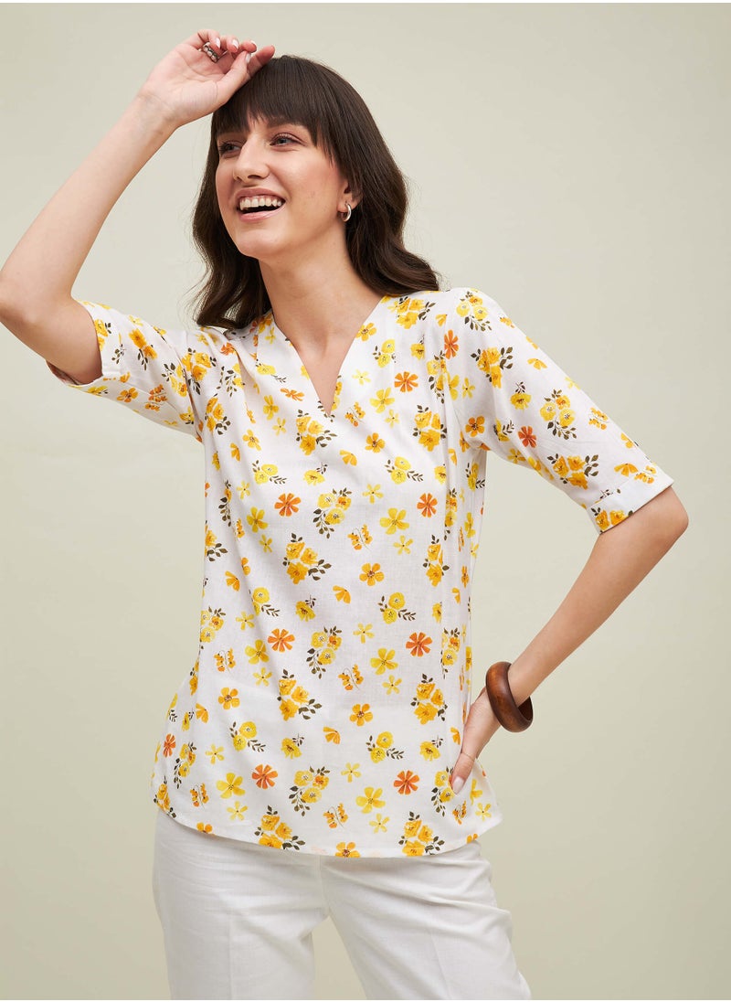 Salt Attire Women's Floral Print Linen V-Neck Top, Pleated Front with Elbow-Length Sleeves, Breezy and Versatile for Office, Lunch Dates, or Casual Outings  - Image 1
