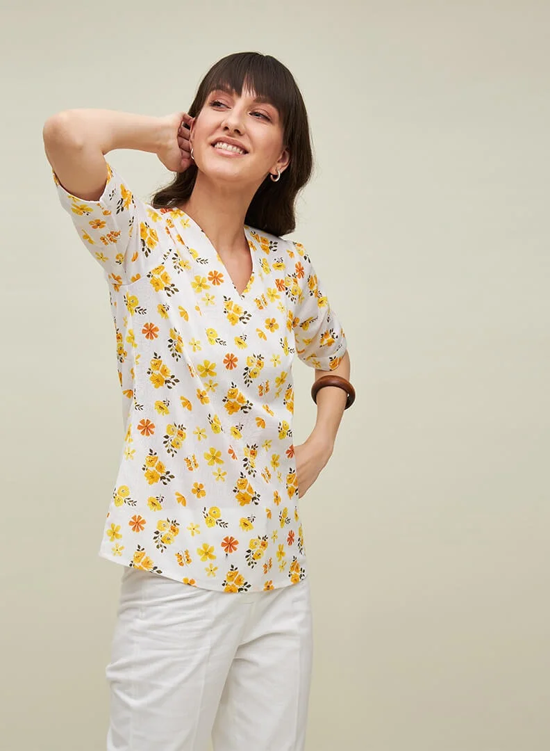 Salt Attire Women's Floral Print Linen V-Neck Top, Pleated Front with Elbow-Length Sleeves, Breezy and Versatile for Office, Lunch Dates, or Casual Outings