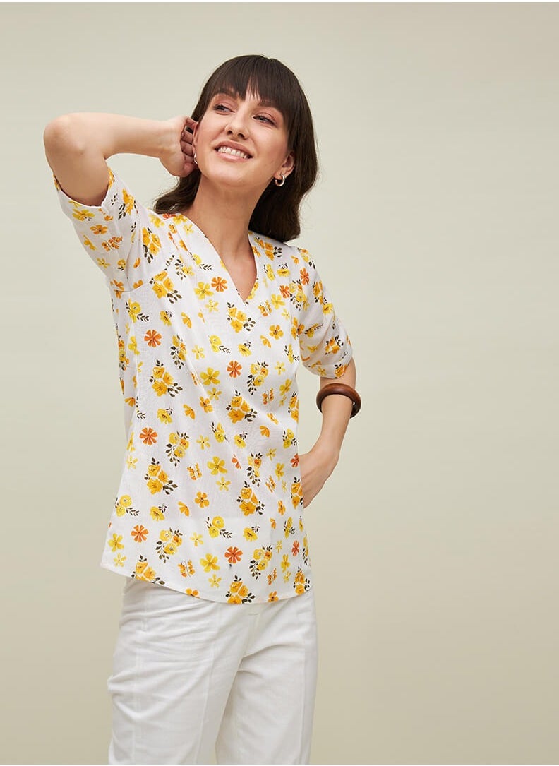 Salt Attire Women's Floral Print Linen V-Neck Top, Pleated Front with Elbow-Length Sleeves, Breezy and Versatile for Office, Lunch Dates, or Casual Outings  - Image 2