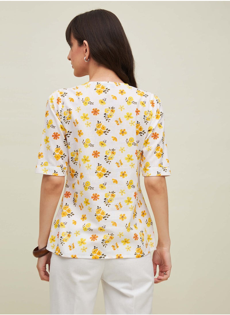 Salt Attire Women's Floral Print Linen V-Neck Top, Pleated Front with Elbow-Length Sleeves, Breezy and Versatile for Office, Lunch Dates, or Casual Outings  - Image 4