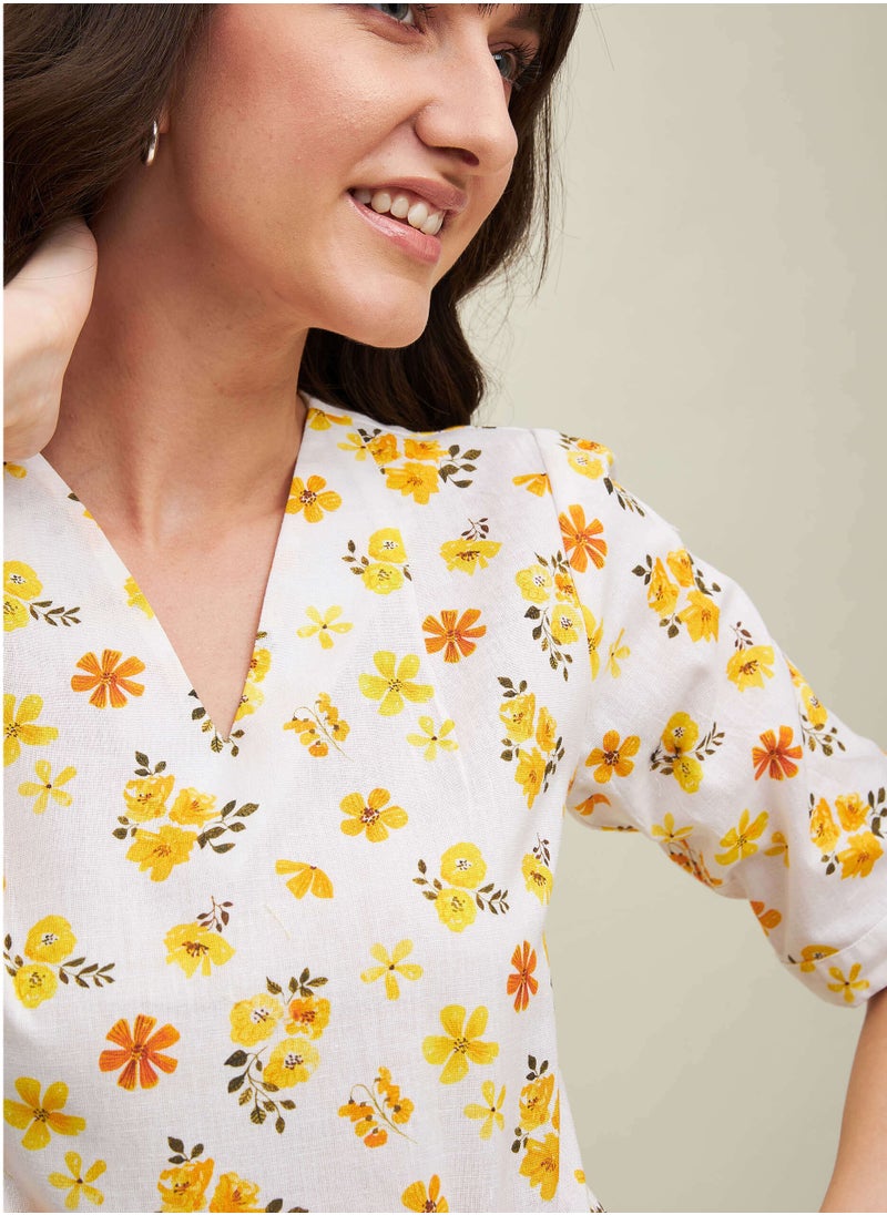 Salt Attire Women's Floral Print Linen V-Neck Top, Pleated Front with Elbow-Length Sleeves, Breezy and Versatile for Office, Lunch Dates, or Casual Outings  - Image 5