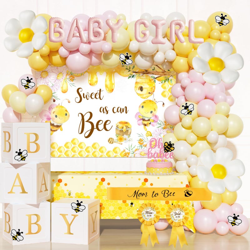 Fiesec Bee Baby Shower Decorations for Girl â€“ 126PCs Honey Bee Themed Party Supplies Set with Sweet as can Bee Backdrop, Pink Yellow Balloon Garland Kit, Tablecloth, Sash, Badges - Image 1
