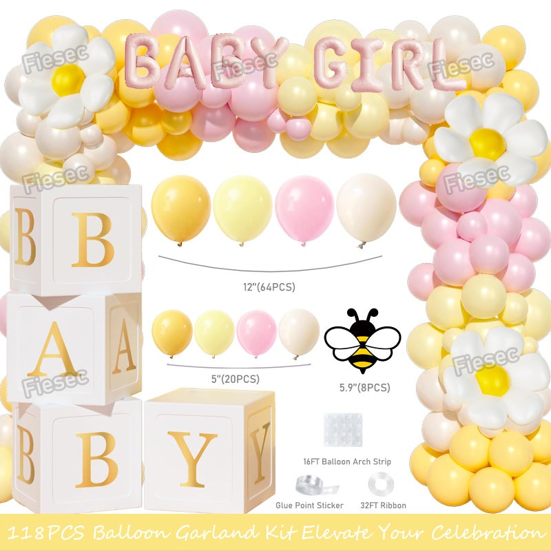 Fiesec Bee Baby Shower Decorations for Girl â€“ 126PCs Honey Bee Themed Party Supplies Set with Sweet as can Bee Backdrop, Pink Yellow Balloon Garland Kit, Tablecloth, Sash, Badges - Image 3