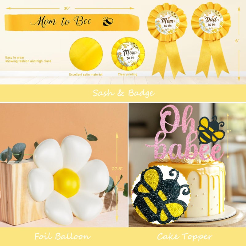 Fiesec Bee Baby Shower Decorations for Girl â€“ 126PCs Honey Bee Themed Party Supplies Set with Sweet as can Bee Backdrop, Pink Yellow Balloon Garland Kit, Tablecloth, Sash, Badges - Image 4
