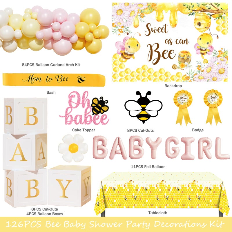 Fiesec Bee Baby Shower Decorations for Girl â€“ 126PCs Honey Bee Themed Party Supplies Set with Sweet as can Bee Backdrop, Pink Yellow Balloon Garland Kit, Tablecloth, Sash, Badges - Image 2