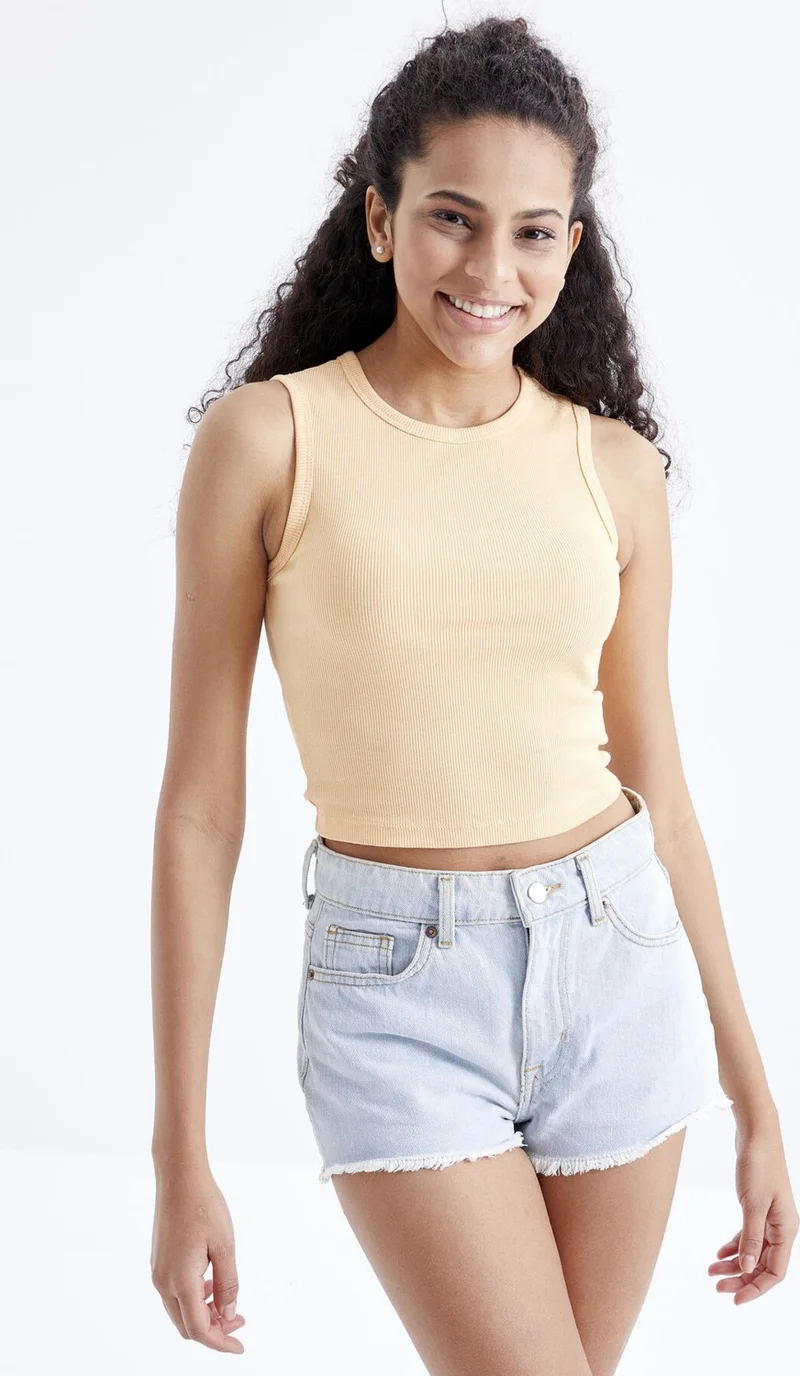Tommy Life Melon Inside Basic Sleeveless O Neck Women's Crop Top - 97204