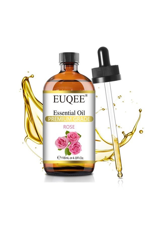 EUQEE Rose Essential Oil 118mL Large Capacity Rose Aromatherapy Oil Premium Essential Oil with Glass Dropper for Diffuser, Soap & Candle Making, Cleaning, Skin Care - 4Fl. Oz - Image 1