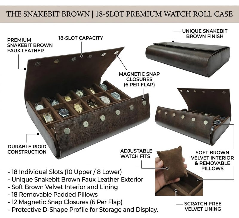 essart 18-Slot Travel Watch Organizer – Elegant PU Leather Watch Roll for Collectors, Scratch-Proof & Portable Storage - Image 4