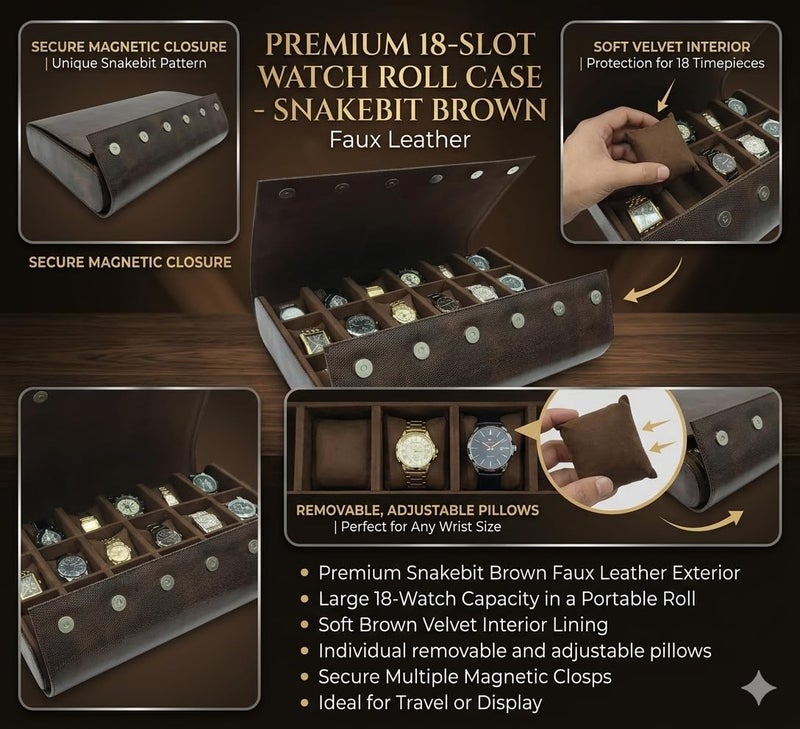 essart 18-Slot Travel Watch Organizer – Elegant PU Leather Watch Roll for Collectors, Scratch-Proof & Portable Storage - Image 3