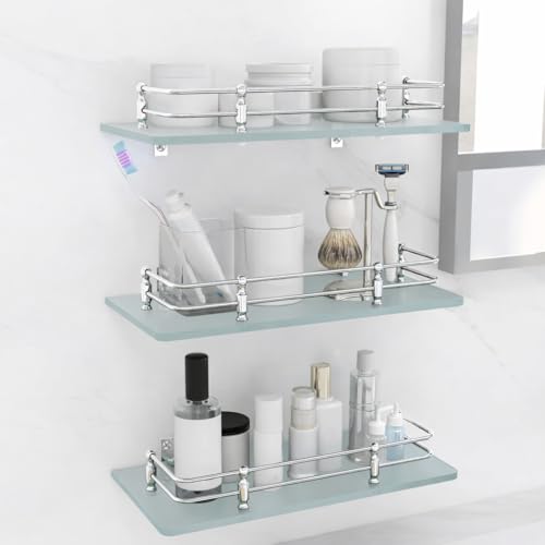 FORTUNE Multi-Purpose Wall Hung (Frosted) Glass Front Bathroom Shelf with Wall Brackets, Storage Holder, 12 x 6 Inch - (Pack of 3) - Image 2