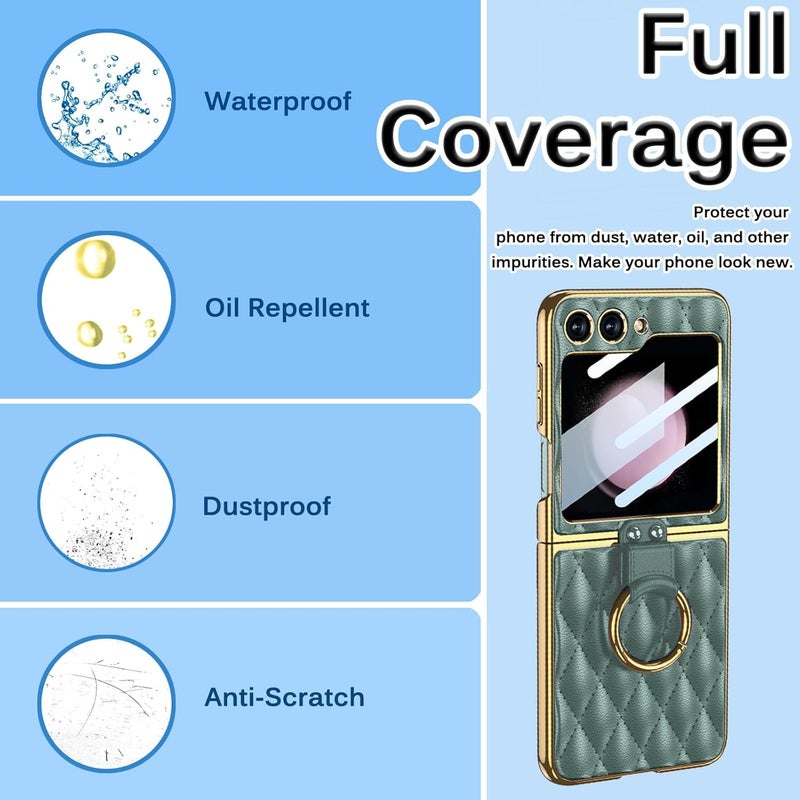 كاست ويف جراب هاتف من الجلد مع حامل حلقي معدني متوافق مع هاتف Galaxy Z Flip 5، جراب واقٍ أنيق على شكل معين للهاتف المحمول بإطار ذهبي لهاتف Samsung Galaxy Flip 5 باللون الأخضر الداكن - Image 2