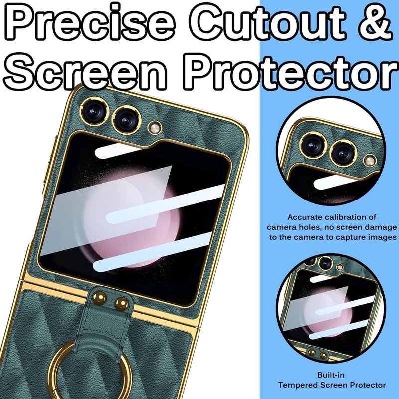 كاست ويف جراب هاتف من الجلد مع حامل حلقي معدني متوافق مع هاتف Galaxy Z Flip 5، جراب واقٍ أنيق على شكل معين للهاتف المحمول بإطار ذهبي لهاتف Samsung Galaxy Flip 5 باللون الأخضر الداكن - Image 5