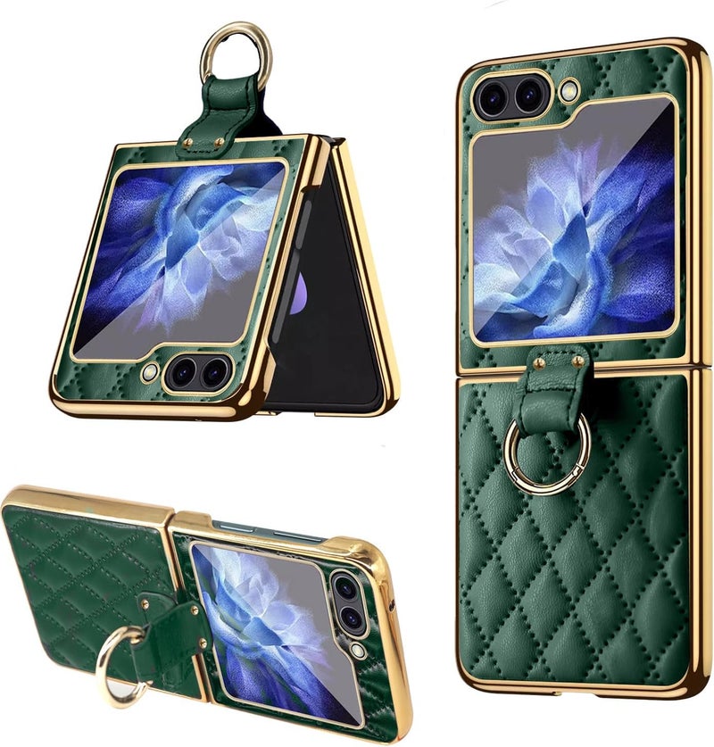 كاست ويف جراب هاتف من الجلد مع حامل حلقي معدني متوافق مع هاتف Galaxy Z Flip 5، جراب واقٍ أنيق على شكل معين للهاتف المحمول بإطار ذهبي لهاتف Samsung Galaxy Flip 5 باللون الأخضر الداكن - Image 1