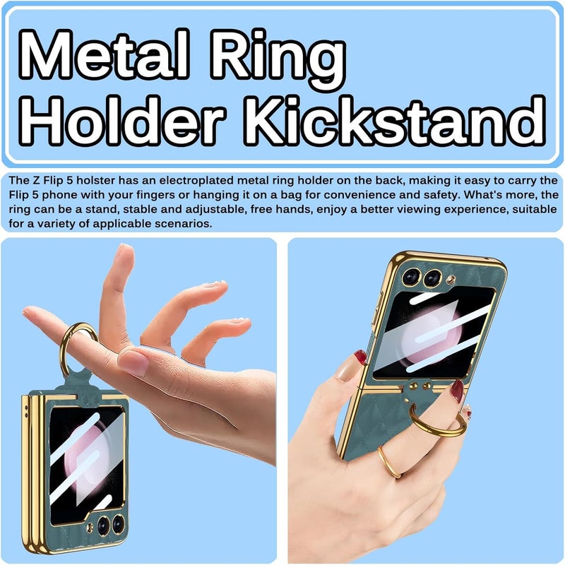 كاست ويف جراب هاتف من الجلد مع حامل حلقي معدني متوافق مع هاتف Galaxy Z Flip 5، جراب واقٍ أنيق على شكل معين للهاتف المحمول بإطار ذهبي لهاتف Samsung Galaxy Flip 5 باللون الأخضر الداكن - Image 4