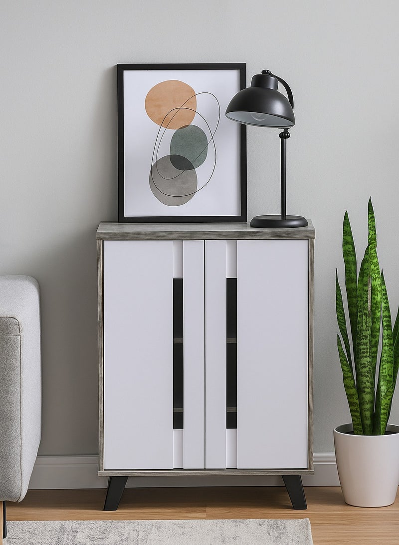 Modern Two-Tone Shoe Cabinet with 2 Doors - Durable Particle Board Design. Two-Tone Particle Board Shoe Cabinet with 2 Doors - Stylish Storage Solution. Perfect for Any Entryway, living room, dining room or bedrooms. Space-Saving Design, Organize Your Footwear Effortlessly. (White Door/Golden Stripe Frame) Arfan