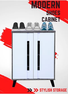 AFT Modern Two-Tone Shoe Cabinet with 2 Doors - Durable Particle Board Design. Two-Tone Particle Board Shoe Cabinet with 2 Doors - Stylish Storage Solution. Perfect for Any Entryway, living room, dining room or bedrooms. Space-Saving Design, Organize Your Footwear Effortlessly. (White Door/Golden Stripe Frame) Arfan  - Image 1