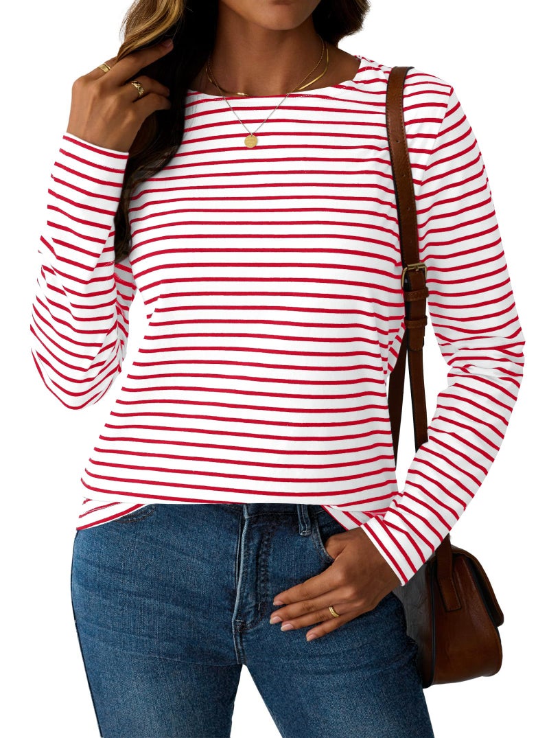 LilyCoco Womens Striped Long Sleeve Shirt Boat Neck Tops Breton Loose fit Tshirt Red White X-Small - Image 1