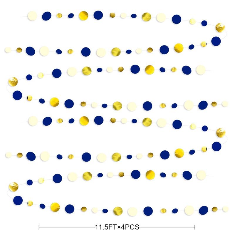 pinkblume 46 Ft Navy Blue and Gold Circle Dots Garland Royal Blue Hanging Paper Polka Dot Streamer for Birthday Wedding Bridal Baby Shower Graduations Nautical Ahoy Achor Pirate Theme Party Decorations Supplies - Image 2