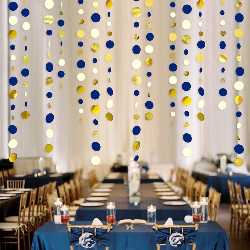 pinkblume 46 Ft Navy Blue and Gold Circle Dots Garland Royal Blue Hanging Paper Polka Dot Streamer for Birthday Wedding Bridal Baby Shower Graduations Nautical Ahoy Achor Pirate Theme Party Decorations Supplies - Image 3