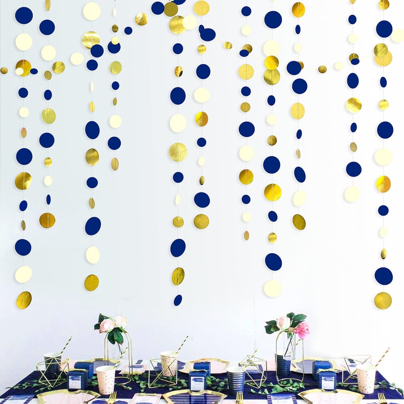pinkblume 46 Ft Navy Blue and Gold Circle Dots Garland Royal Blue Hanging Paper Polka Dot Streamer for Birthday Wedding Bridal Baby Shower Graduations Nautical Ahoy Achor Pirate Theme Party Decorations Supplies - Image 1