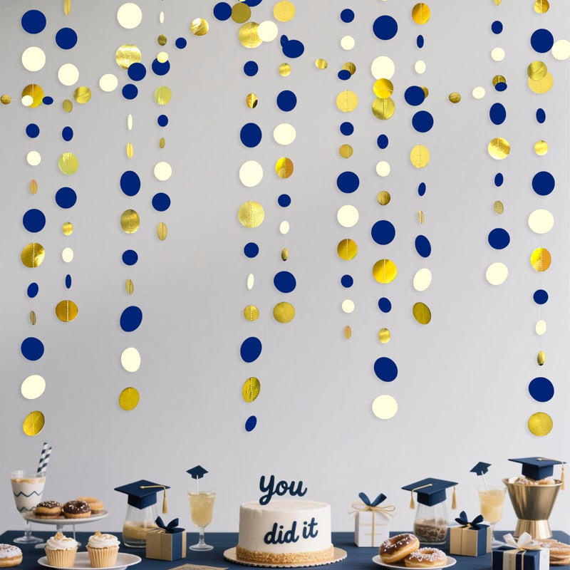 pinkblume 46 Ft Navy Blue and Gold Circle Dots Garland Royal Blue Hanging Paper Polka Dot Streamer for Birthday Wedding Bridal Baby Shower Graduations Nautical Ahoy Achor Pirate Theme Party Decorations Supplies - Image 5