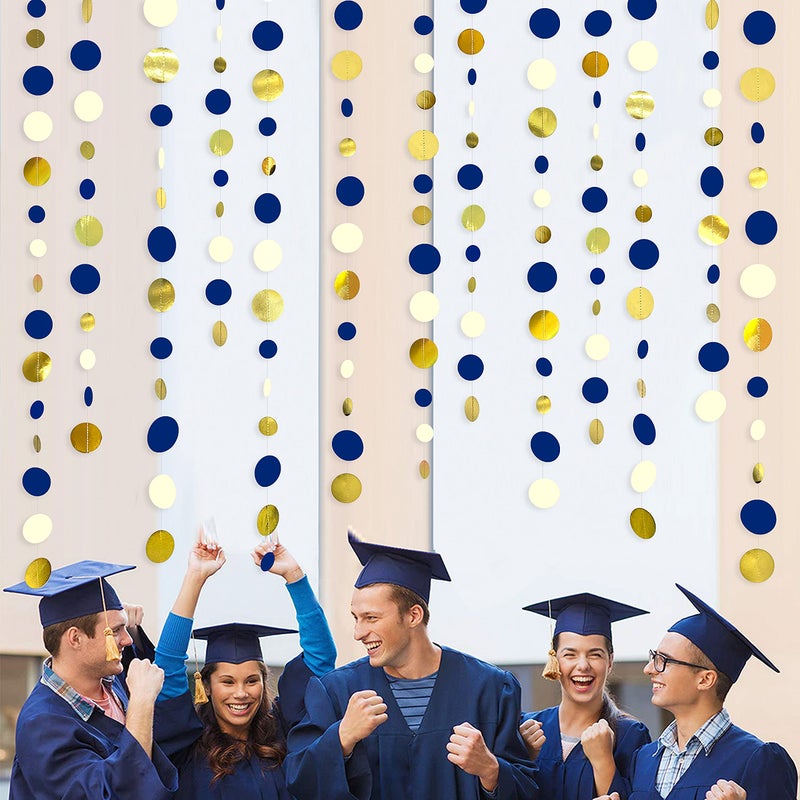 pinkblume 46 Ft Navy Blue and Gold Circle Dots Garland Royal Blue Hanging Paper Polka Dot Streamer for Birthday Wedding Bridal Baby Shower Graduations Nautical Ahoy Achor Pirate Theme Party Decorations Supplies - Image 4