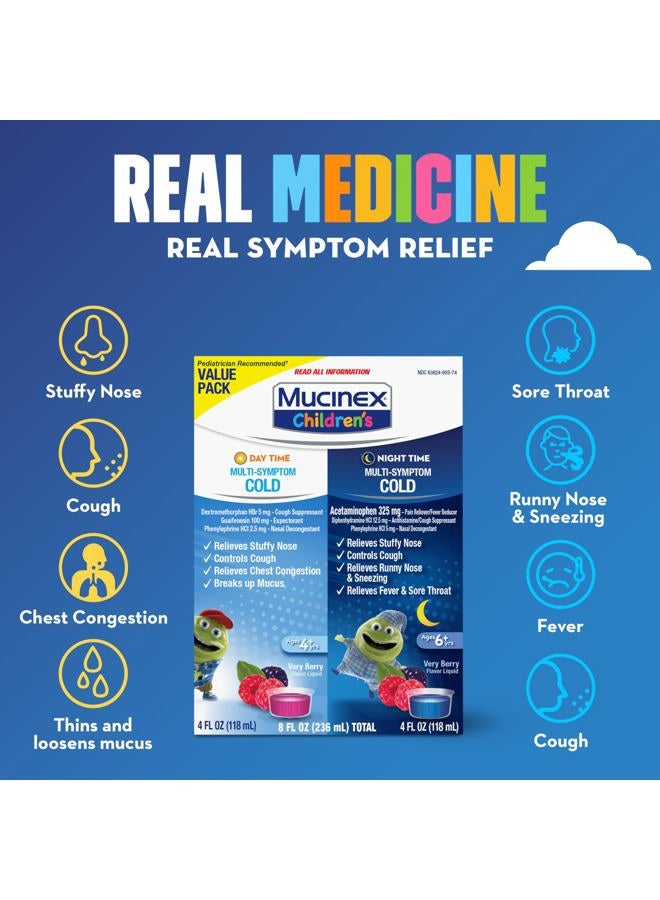 MUCINEX حزمة كومبو للأطفال ليلاً ونهاراً، دواء البرد للأطفال / دواء السعال للأطفال، دواء البرد نهاراً ودواء البرد والإنفلونزا ليلاً، دواء موستينكس للأطفال، سائل بنكهة التوت (2 × 4 أونصة سائلة) - Image 3