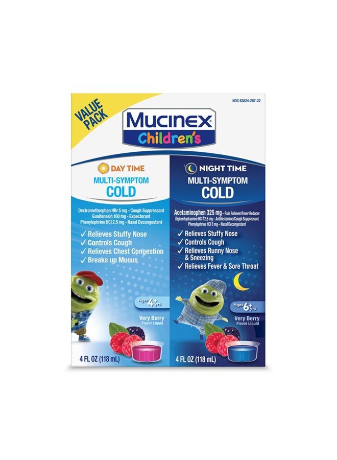 MUCINEX حزمة كومبو للأطفال ليلاً ونهاراً، دواء البرد للأطفال / دواء السعال للأطفال، دواء البرد نهاراً ودواء البرد والإنفلونزا ليلاً، دواء موستينكس للأطفال، سائل بنكهة التوت (2 × 4 أونصة سائلة) - Image 1