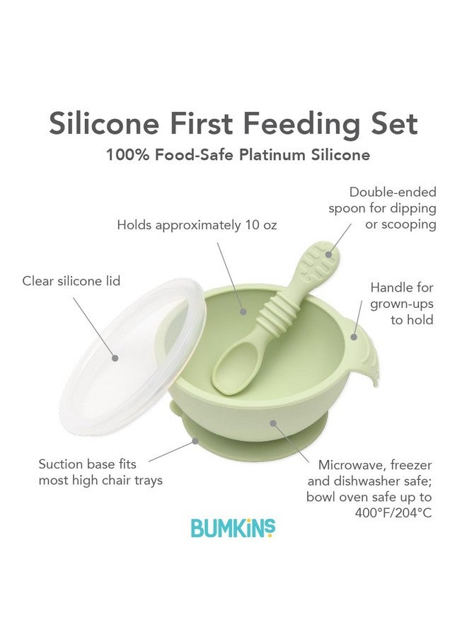 Bumkins Baby Bowl, Silicone Feeding Set with Suction for Baby and Toddler, Includes Spoon and Lid, First Feeding Set, Training Essentials for Baby Led Weaning for Babies 4 Months Up, Sage - Image 5