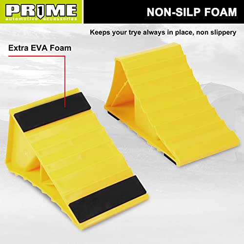 Prime 1 PR1ME Wheel Chocks with Non-Slip Base for RV & Trailer. 2 Pack Heavy Duty Wheel Chock with Bright Yellow. Lightweight Wheel Stoppers for Cars Camper Trucks RVs, Fit for Most Tyre Sizes - Image 2
