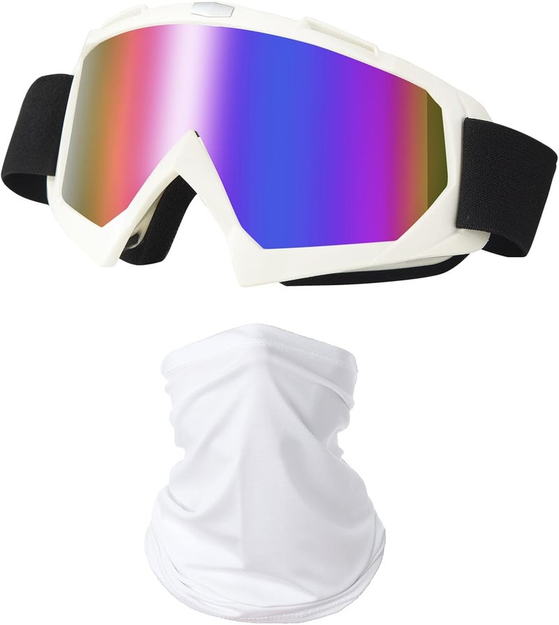 LJDJ Motorcycle Goggles with UV Protection and Neck Gaiter - White/Colorful Lens - Image 1