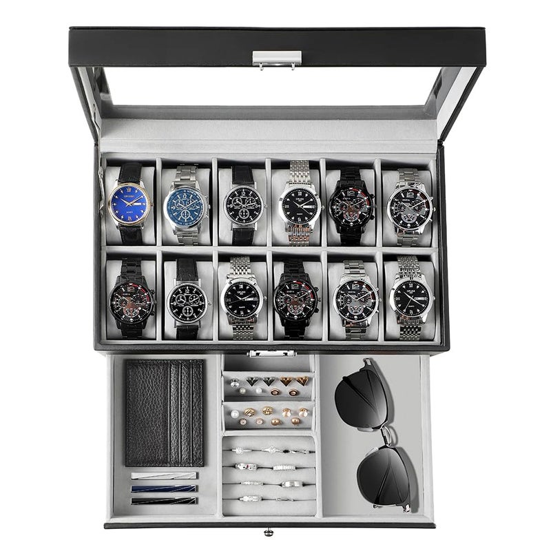GUKA Watch Box 12 Slot Watch Display Organizer Leather Jewelry Case Drawer Glass Birthday for Men Women Child Husband Dad