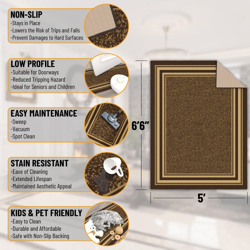 Ottomanson 5' x 6'6" Rugs for Living Room Border Area Rug for Bedroom - Non Slip Durable Large Floor Carpet for High Traffic Areas - Indoor Rug for Dining Room Kitchen Kids Playroom, Brown - Image 2