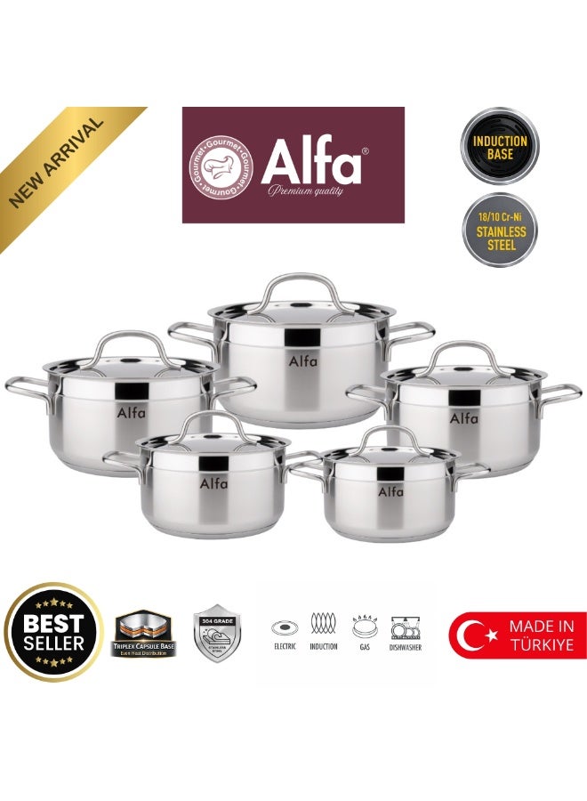 ALFA 10 Piece Stainless Steel Cookware Set with Lids Induction Compatible Premium Durable Pots and Pans Made in Türkiye - Image 1