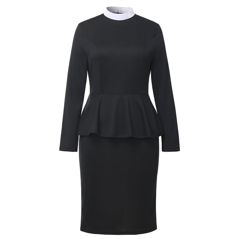 CAMDOM Womens Church Clergy Dress Spring/Autumn Long Sleeve Ruffle Slim Pencil Dress with Banded Full Collar Black - Image 5